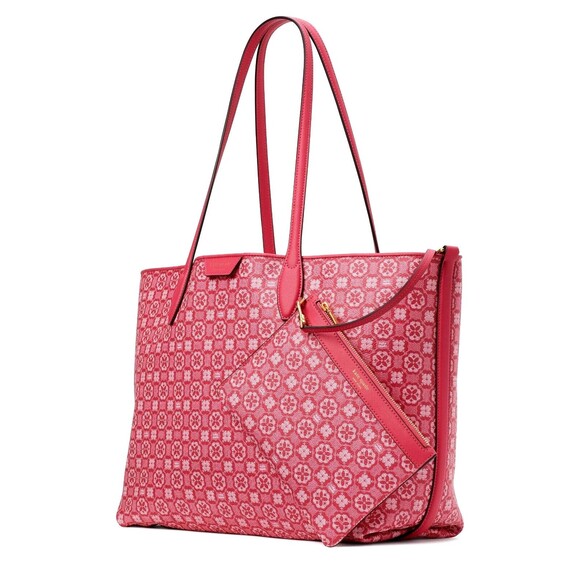 New Kate Spade Flower Monogram Coated Canvas Tote Raspberry Multi with Pouch - Picture 2 of 4